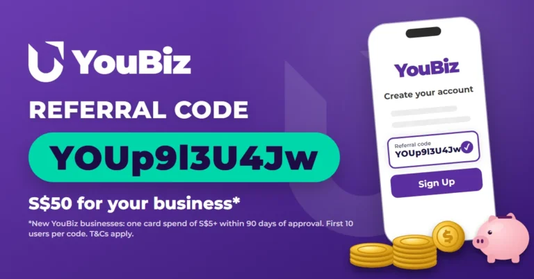 How to use YouBiz referral code YOUp9l3U4Jw: S$50 for your business, phone sign-up screen with code