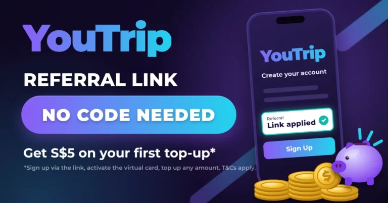 How to use YouTrip referral code: phone sign-up screen showing link applied, gold coins and piggy bank