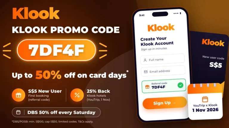 Klook promo code 7DF4F banner showing S$5 off for new users, up to 50% off with card deals and a phone sign-up screen