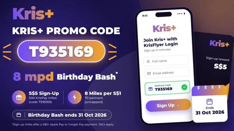 Kris+ promo code T935169 banner showing S$5 in KrisPay miles, 8 miles per dollar and a phone sign-up screen