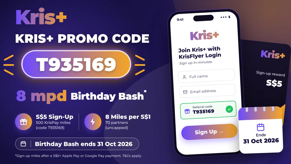 Kris+ promo code T935169 banner showing S$5 in KrisPay miles, 8 miles per dollar and a phone sign-up screen