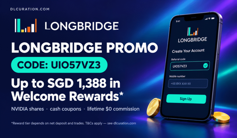 Longbridge promo banner showing referral code UIO57VZ3 and welcome rewards up to SGD 1,388
