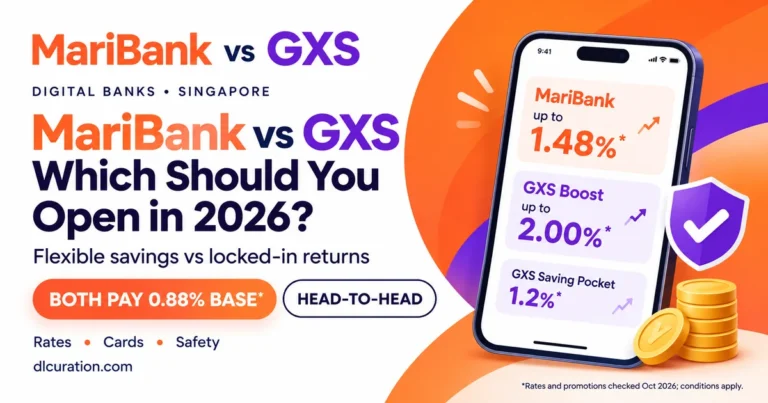 MariBank vs GXS Bank 2026 banner with phone comparing savings rates, head to head badge and shield