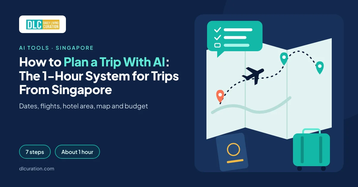 Plan a trip with AI banner with a map, flight path, chat checklist, passport and suitcase