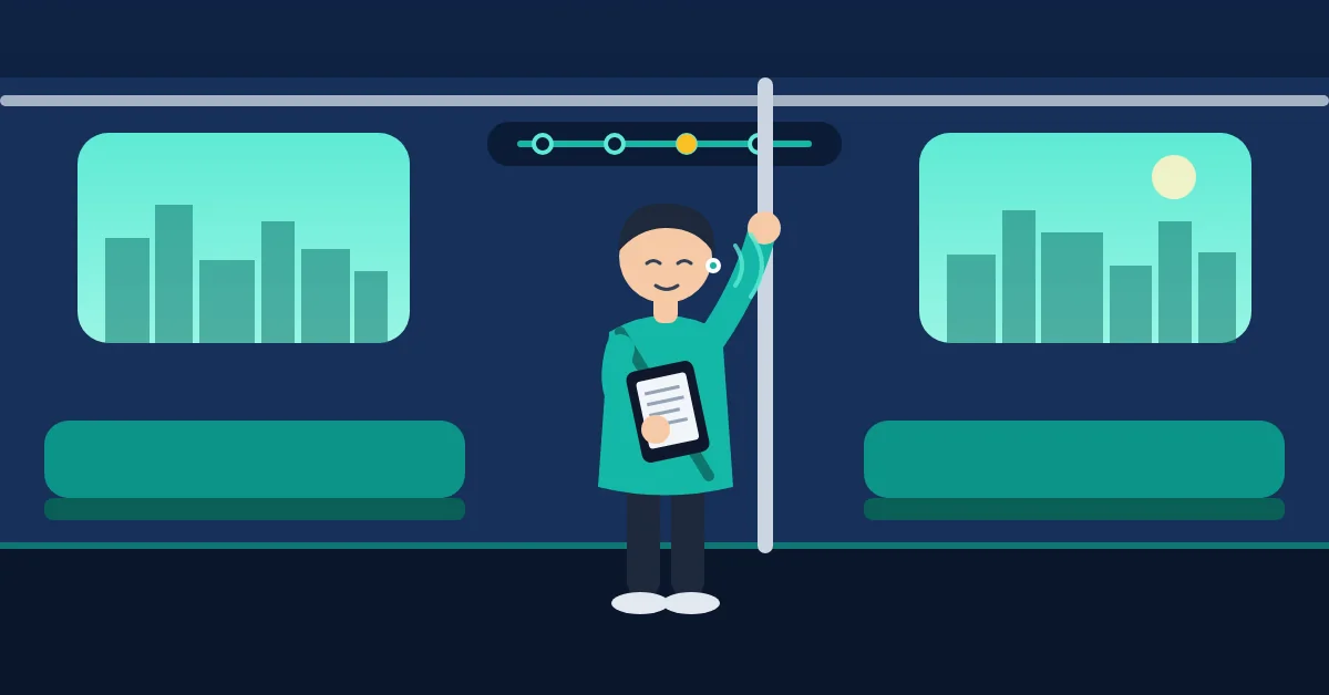 Commuter wearing earbuds reading an e-reader on a Singapore MRT train for a productive commute