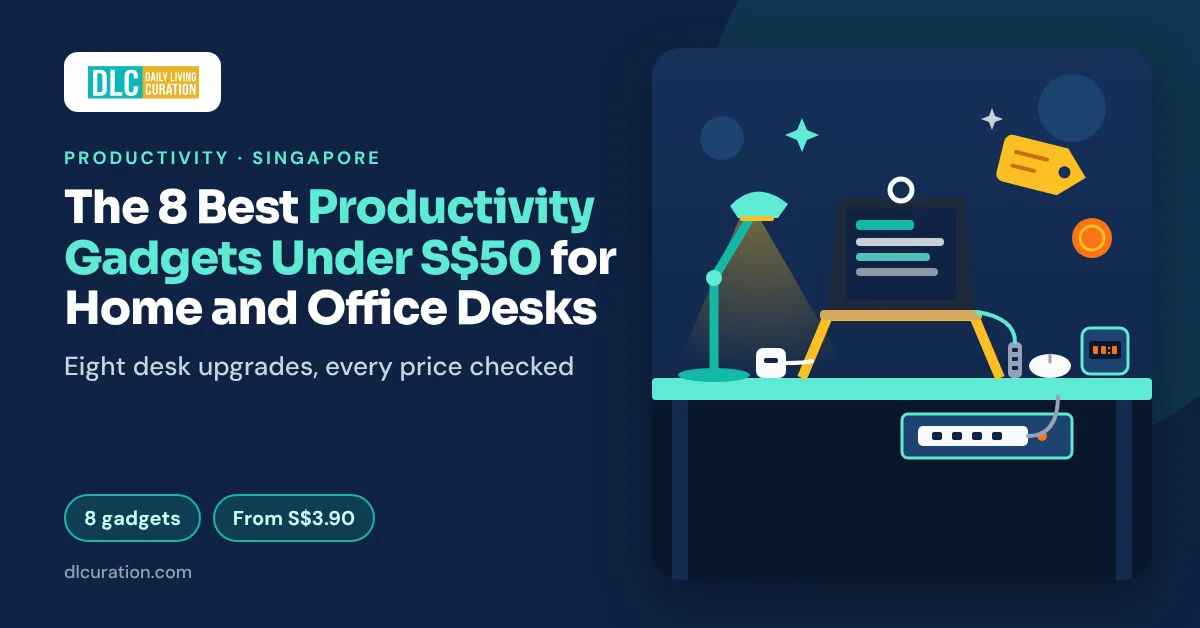 Productivity gadgets under S$50 on a desk: laptop stand, mouse, lamp, timer, charger and hub
