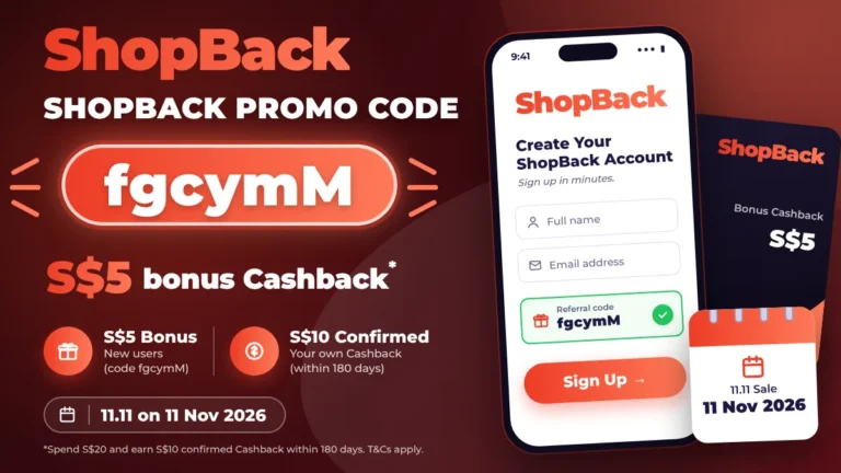 ShopBack promo code fgcymM banner showing a S$5 bonus Cashback for new users and a phone sign-up screen