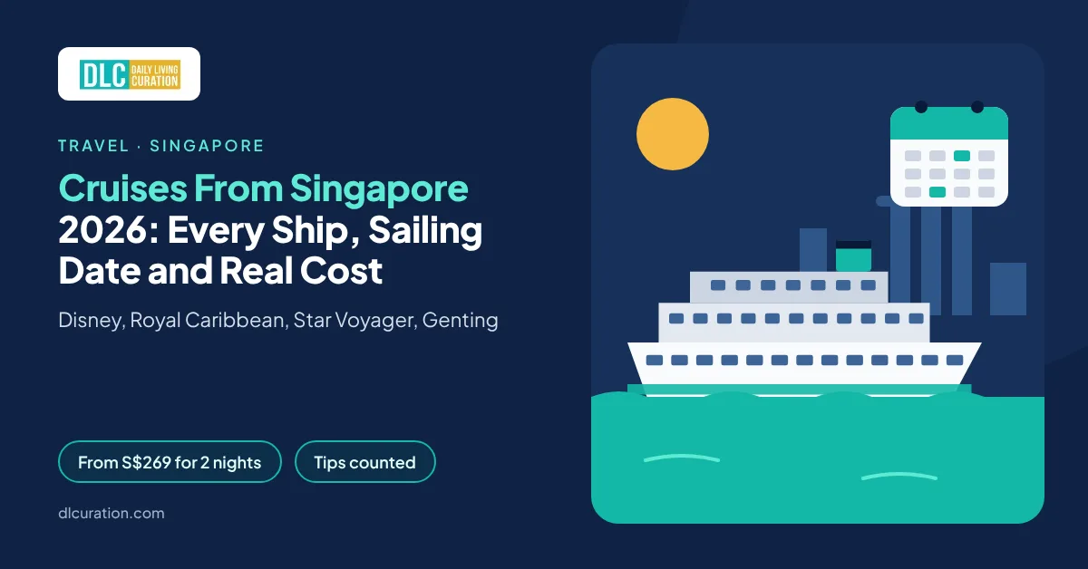 Cruise from Singapore banner with large cruise ship, city skyline and calendar card