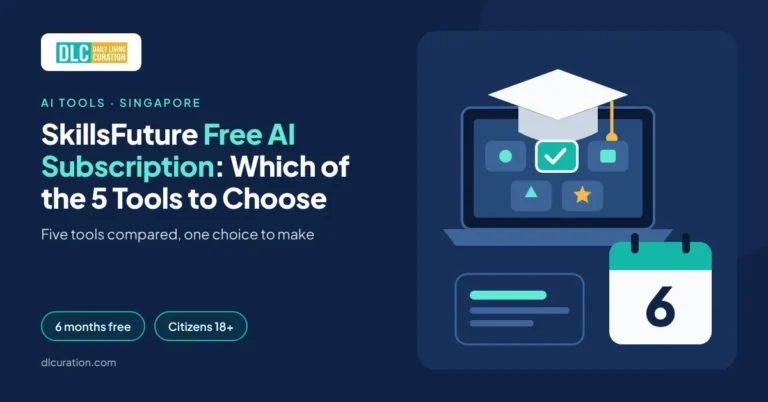 SkillsFuture free AI subscription banner with a laptop, graduation cap and five app tiles with one selected