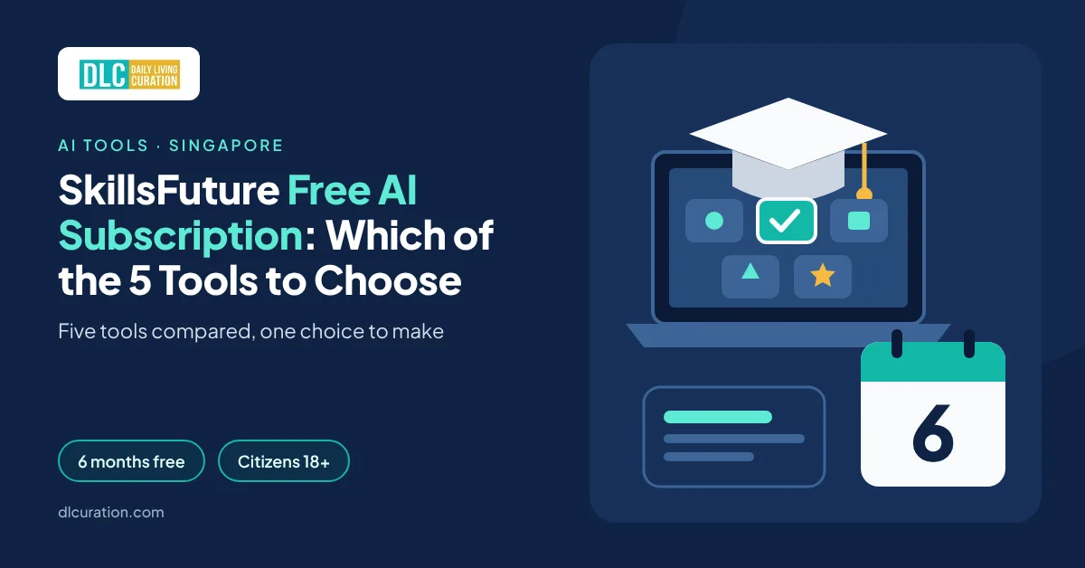 SkillsFuture free AI subscription banner with a laptop, graduation cap and five app tiles with one selected