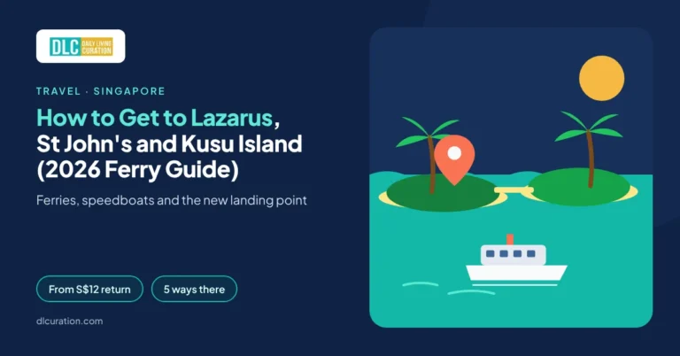 Lazarus Island ferry banner with ferry crossing to two islands joined by a causeway