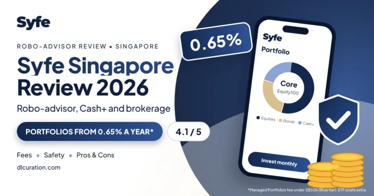 Syfe review 2026 banner with phone showing a Core portfolio donut chart, 0.65% fee badge and shield