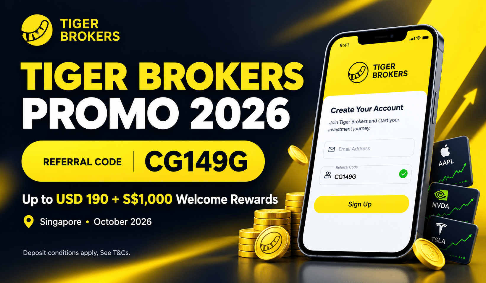 Tiger Brokers Singapore promo October 2026 — promo code CG149G unlocks up to USD 190 plus S$1,000 welcome bonus