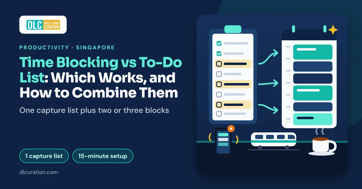 Time blocking vs to-do list banner with a checklist feeding three tasks into a calendar