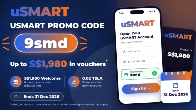 uSMART promo code 9smd banner showing up to S$1,980 in vouchers and a phone sign-up screen