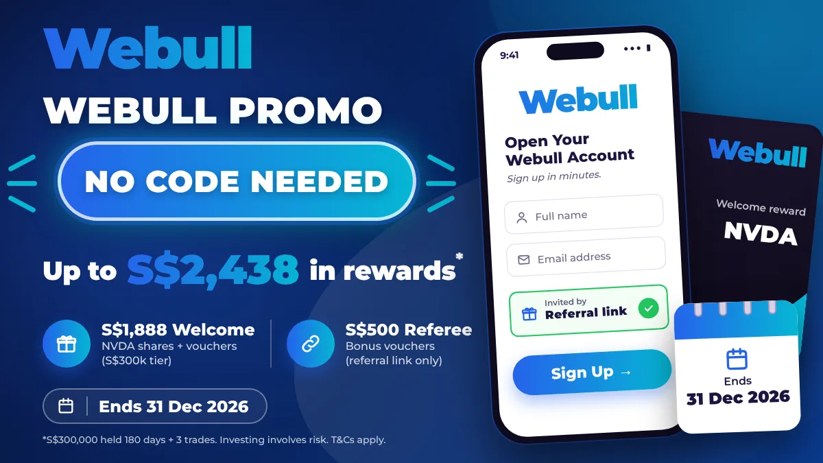 Webull promo banner showing no code needed, up to S$2,438 in rewards and a phone sign-up screen
