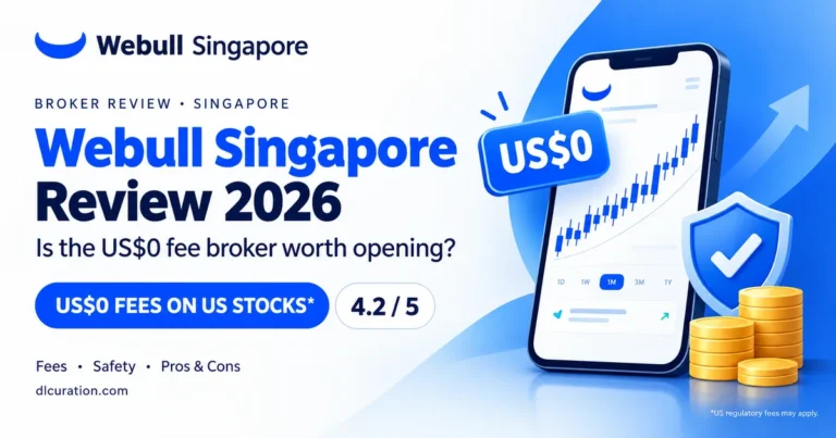 Webull Singapore review 2026 banner with US$0 fee badge, phone stock chart, shield and coins