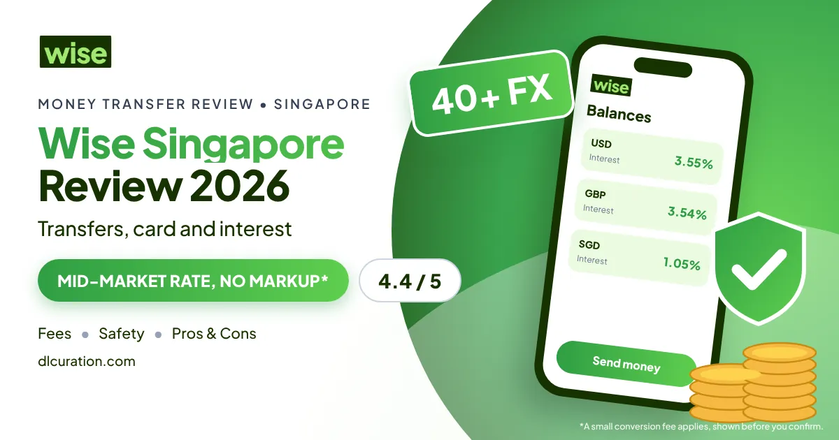Wise Singapore review 2026 banner with phone showing SGD, USD and GBP balances, 40+ FX badge and shield