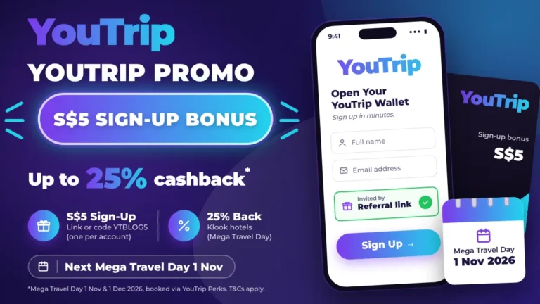 YouTrip promo code banner showing a S$5 sign-up bonus, up to 25% cashback and a phone sign-up screen