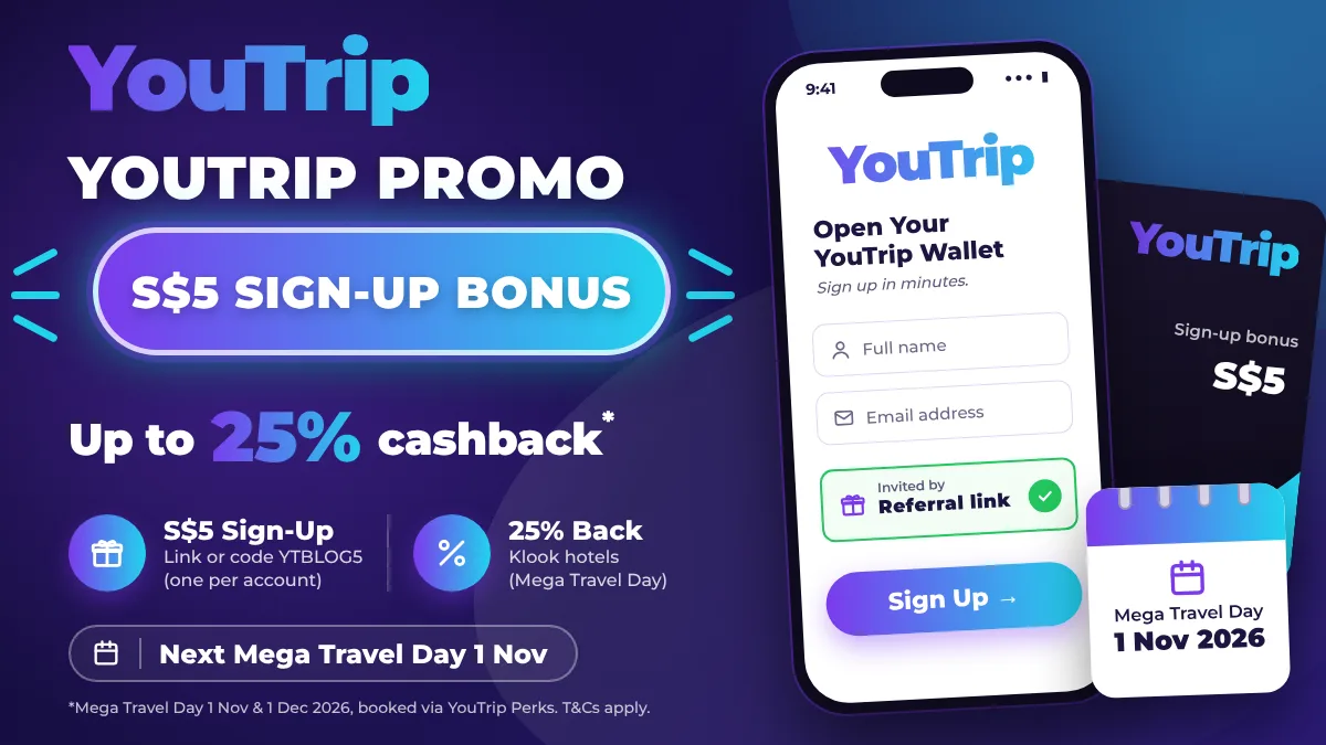YouTrip promo code banner showing a S$5 sign-up bonus, up to 25% cashback and a phone sign-up screen