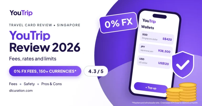 YouTrip review 2026 banner with phone showing SGD, JPY and USD wallets, 0% FX badge and shield