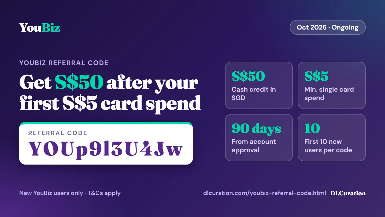 YouBiz referral code YOUp9l3U4Jw October 2026 infographic: S$50 after your first S$5 card spend within 90 days of account approval, for the first 10 new users, T&Cs apply