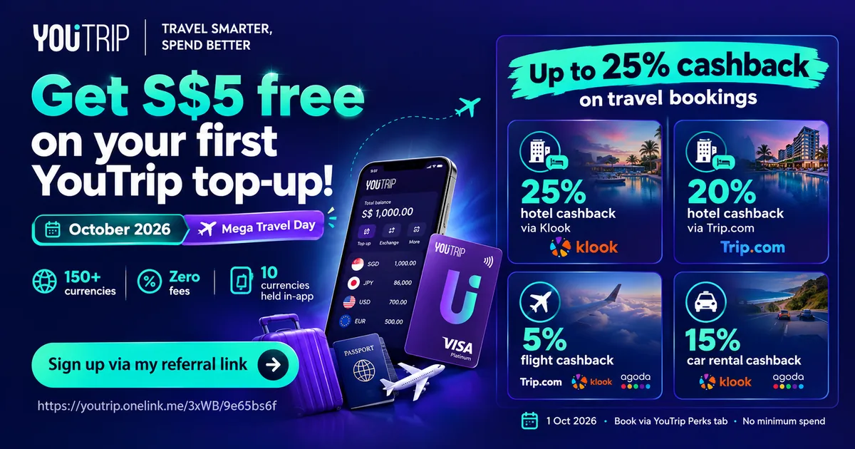 YouTrip Referral Link October 2026 infographic — Get S$5 free on first top-up, 150+ currencies zero fees, Mega Travel Day up to 25% cashback, MAS-licensed